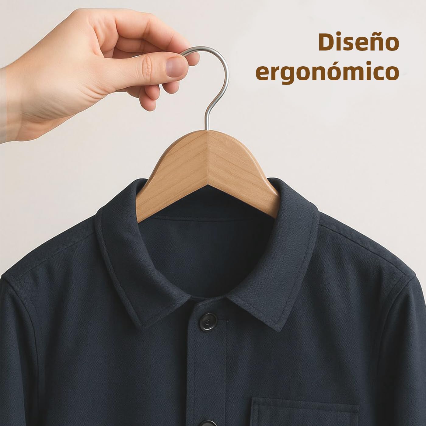 ACCRUX-Perchas de Madera Color Natural, Colgador Antideslizante con Barra para Pantalones y Trajes, Gancho Giratorio 360º y Muescas Antideslizantes para Vestidos y Blusas. (Madera, 6 Unidades)
