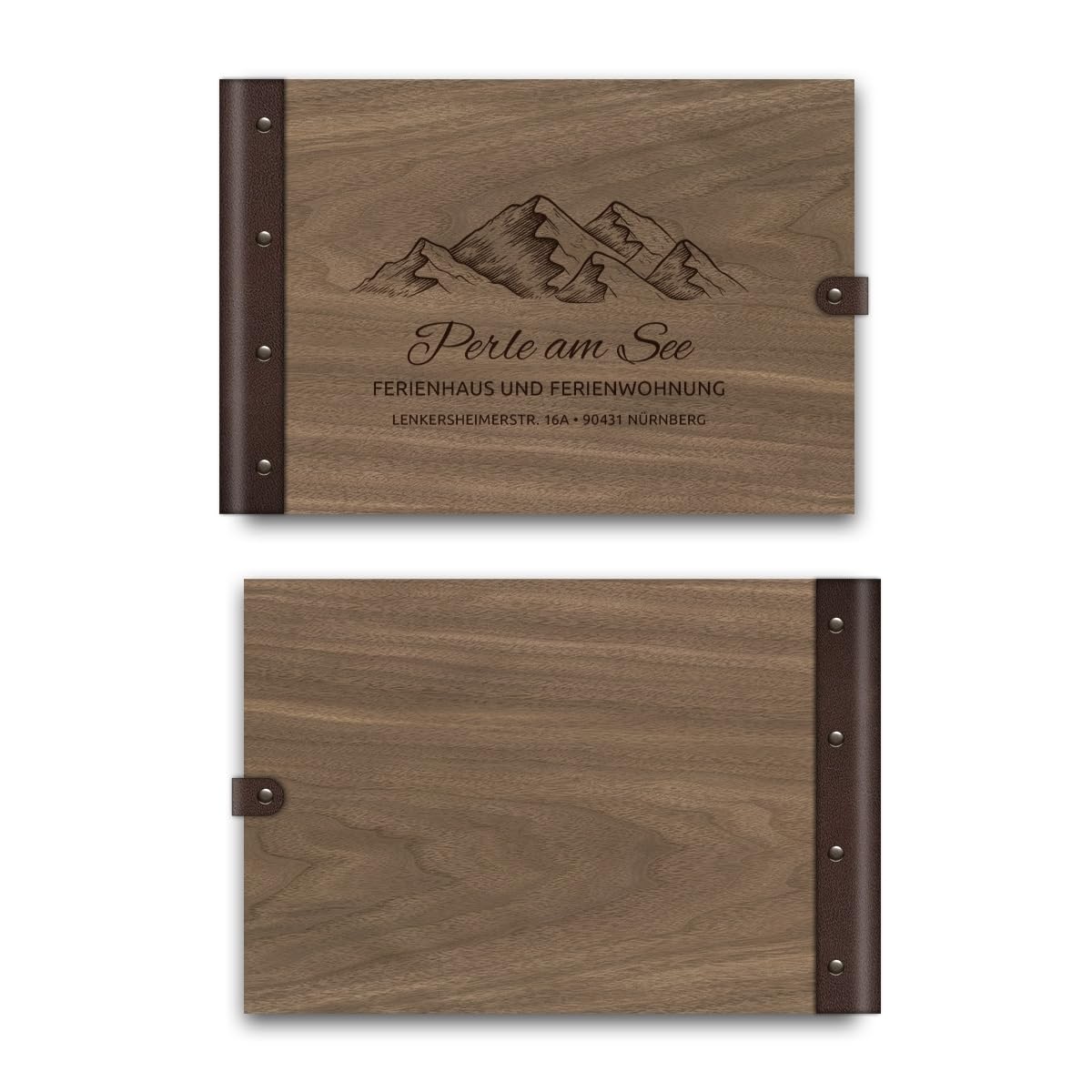 Personalisiertes Ferienwohnung Gästebuch echtes Holz DIN A4 Besucherbuch mit Lasergravur - Berge - mit 72 Blatt / 144 Seiten Naturpapier Weiß