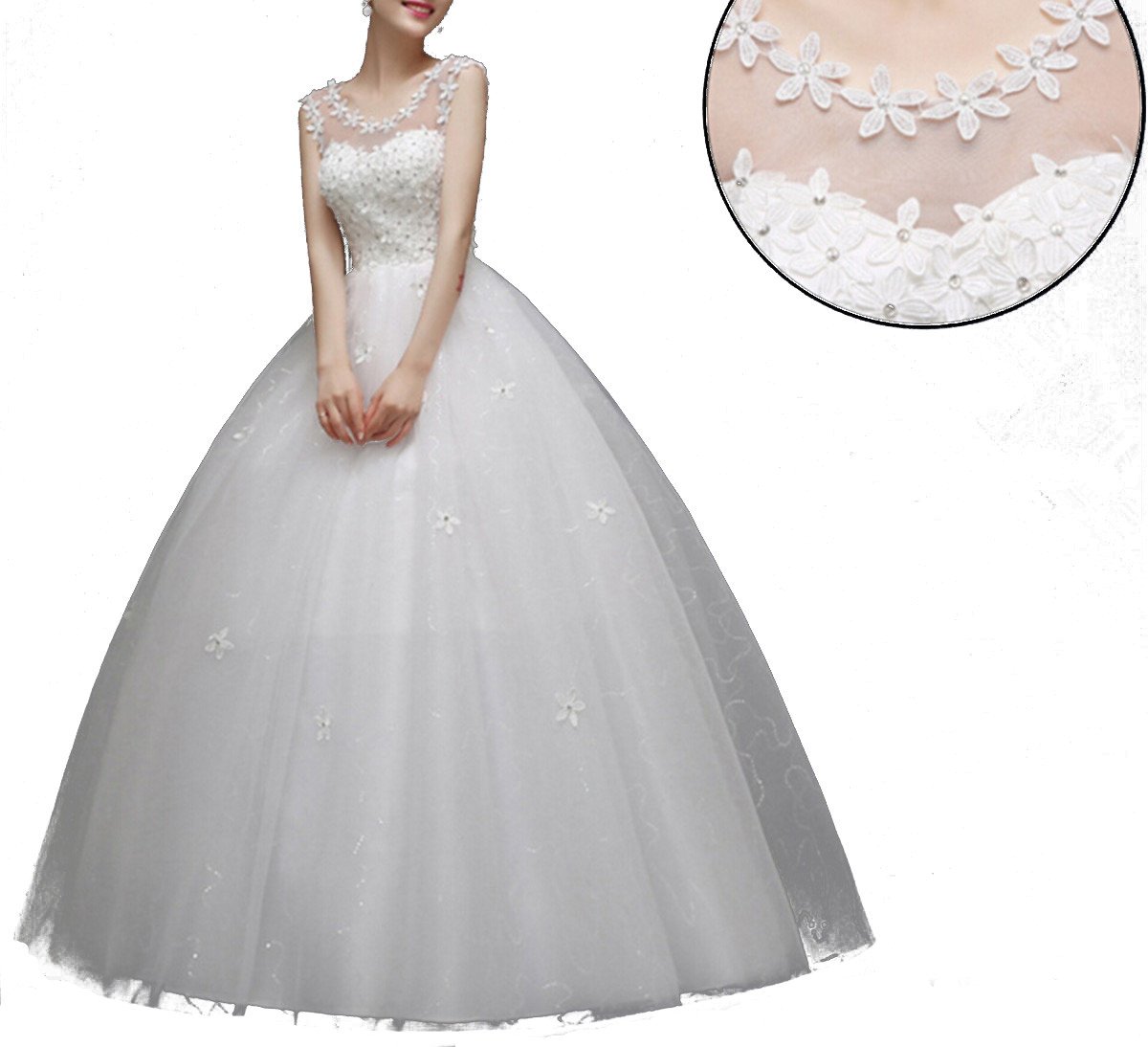 Vestito da sposa, da donna, elegante, in pizzo con schiena nuda, con fiori