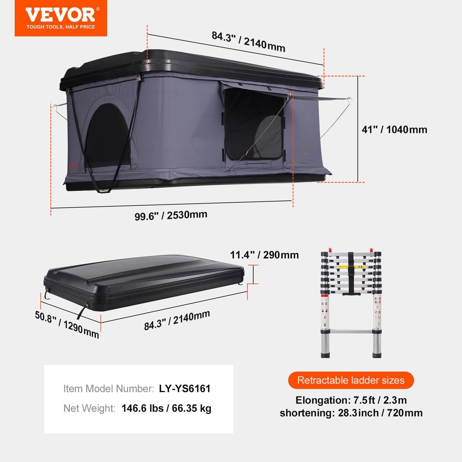 VEVOR Tenda da Tetto Rigida per 2-3 Persone, con Scala Telescopica e Materasso Spesso, Impermeabile e Antivento per Jeep SUV Van Pickup Truck