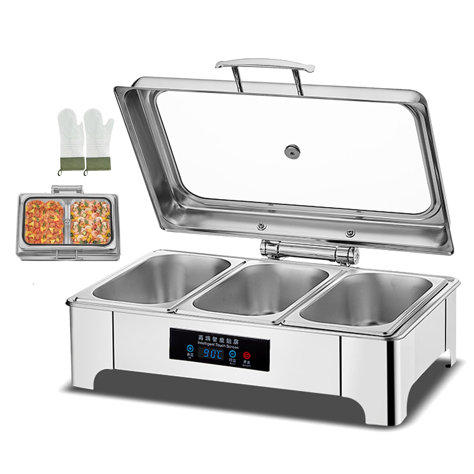 Servidor de buffet eléctrico y calentador de alimentos, temperatura ajustable, pantalla táctil, tapa de vidrio, acero inoxidable fácil de limpiar para fiestas y vacaciones, plato portátil para