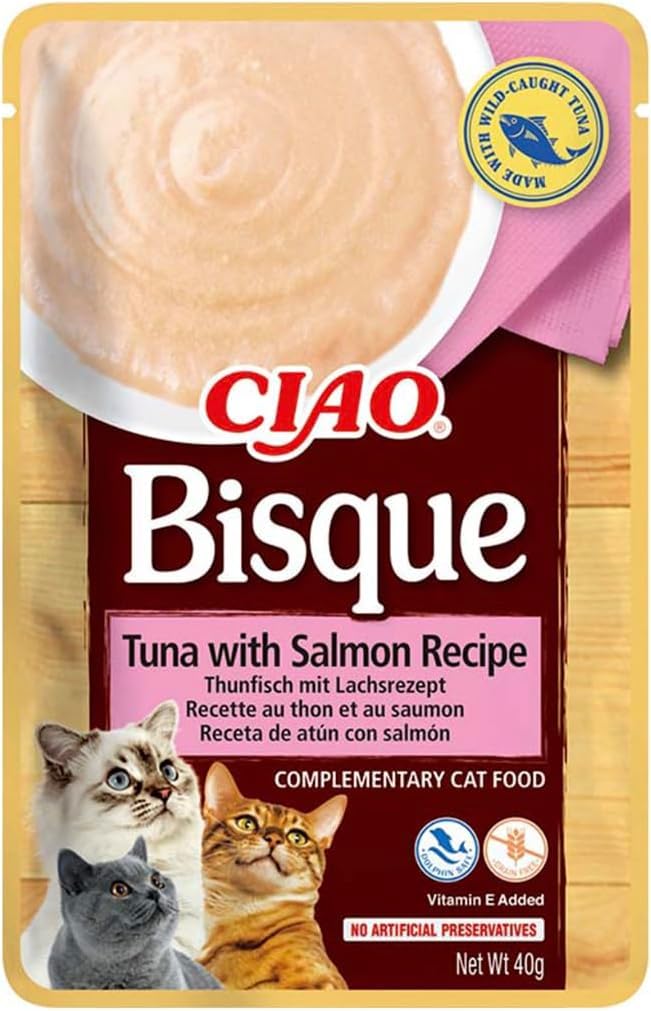 INABA Ciao - Bisque Thon & Saumon - Friandise pour Chat Humide - 1 x 40g - Délicieuse et Saine - Purée - Plat d'accompagnement - Complément Naturel et sans céréales - Pâtée pour Chat