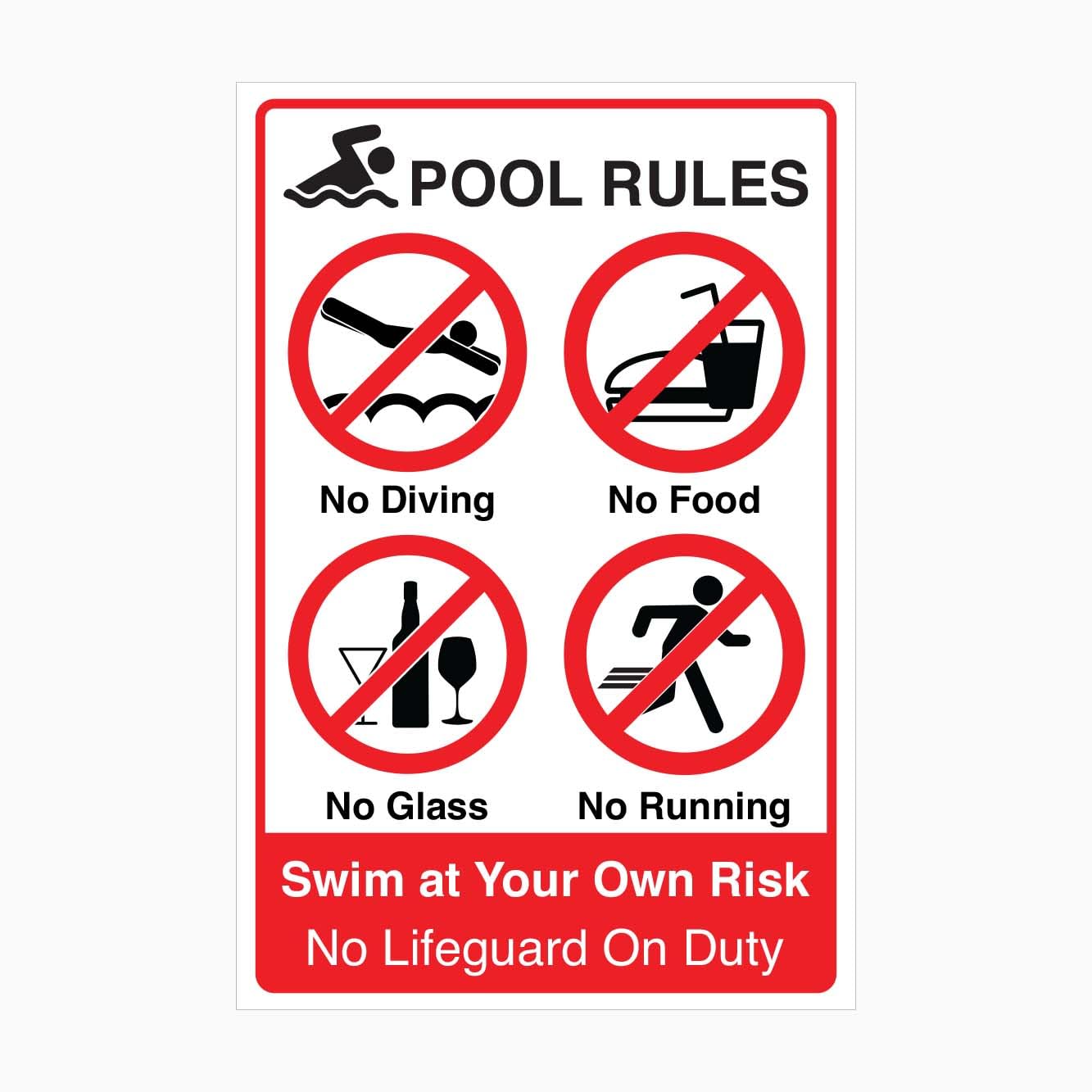 Pool Rules Sign L9121, No Diving Food Glass Running, 12x8 Inch Metal Tin Sign, Pool Area Safety Sign