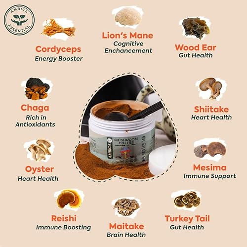 Miniatura 3 de Ambica Café molido de hongos instantáneos, orgánico USDA con diez café de hongos con melena de león, reishi, cordyceps y chaga para apoyo