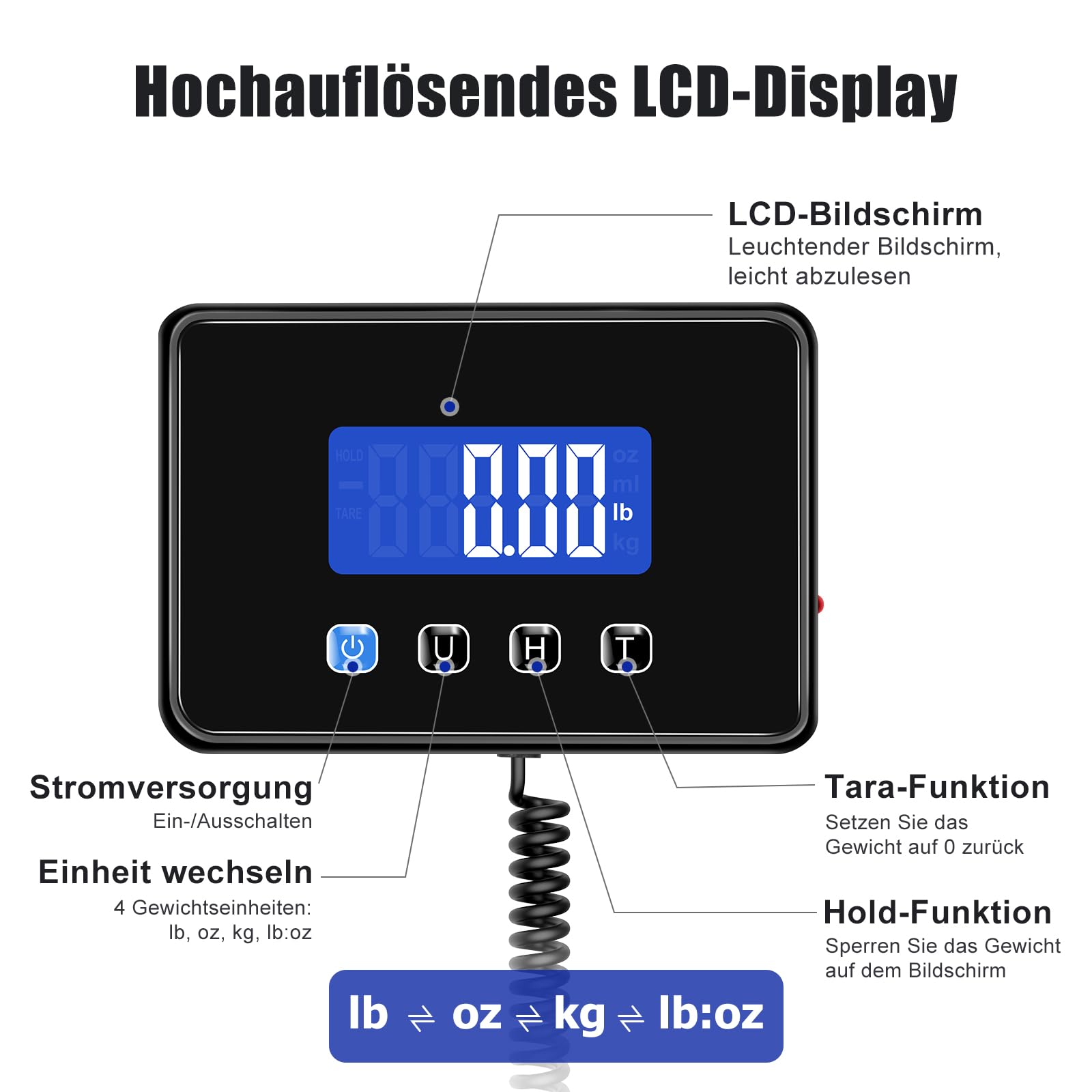 KUAIVO Paketwaage 300kg/20g Hochpräzise Plattformwaage Edelstahl LCD Hold Tara aufladbar
