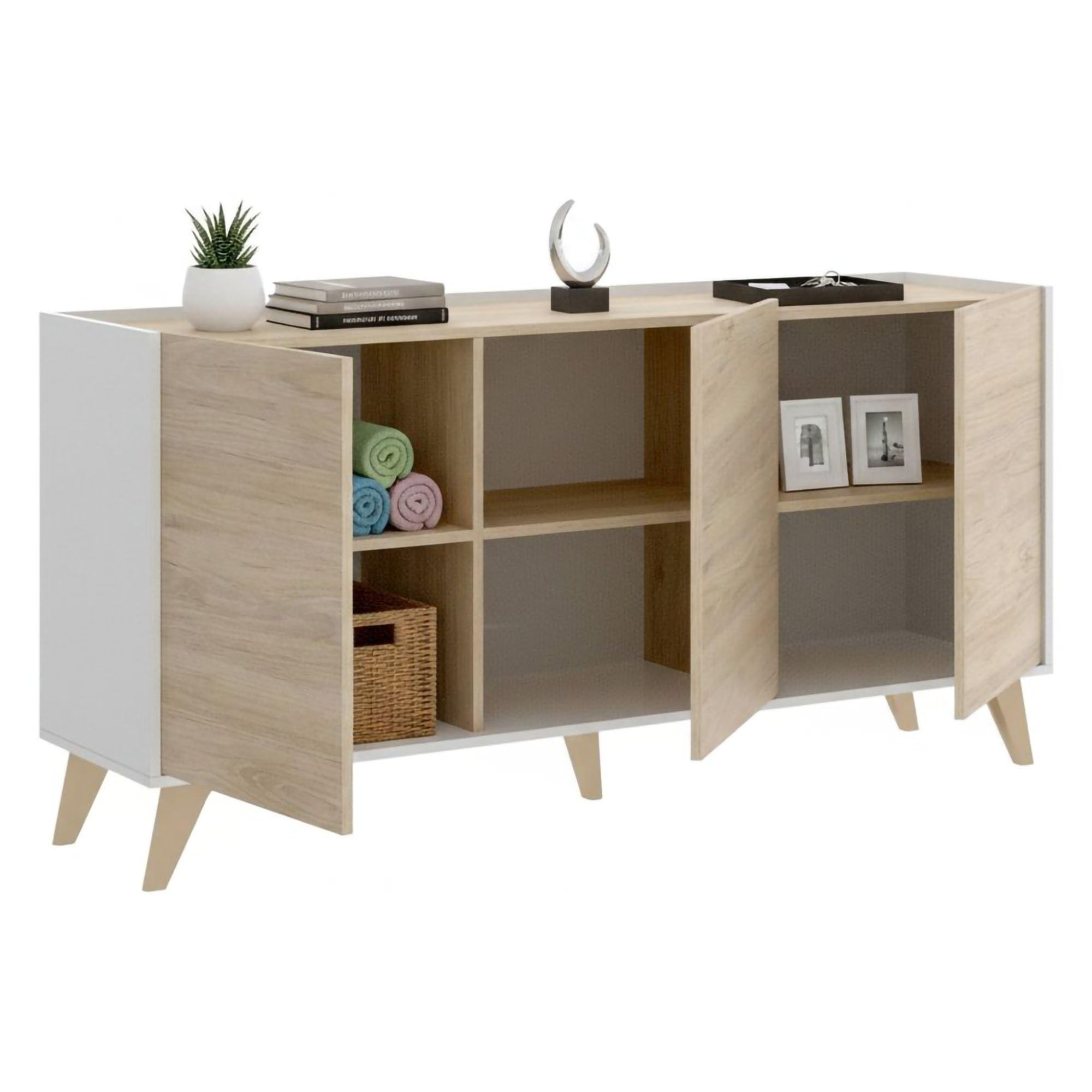 Dmora - Credenza Avez, Buffet da soggiorno, Madia moderna da salotto a 3 ante, 155x43h75 cm, Rovere e Bianco