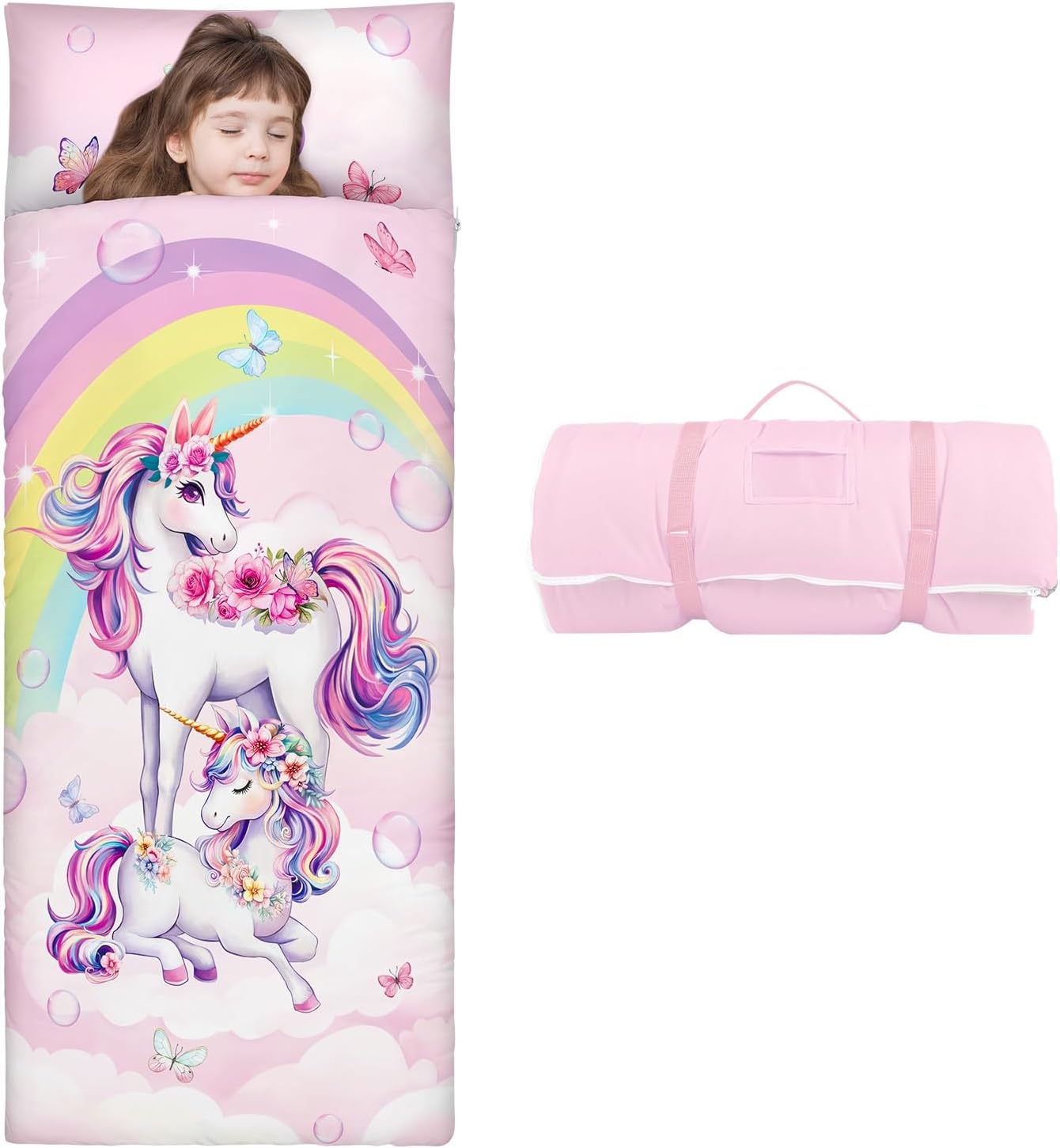 Kids Sleeping Bag Toddler Nap Mat with Removable Pillow, Large Foldable Sleeping Bag for Girls Boys, Easy Clean Slumber Bag with Double Zip for Camping School Preschool Daycare, 59×24 inch
