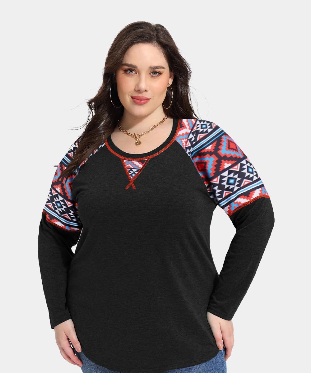 TIYOMI Plus Size T Shirt Tunic Tee Long Sleeved t Shirt Round Neck Raglan Color Block Tshirt Colorful Fall Autumn Winter Tee - Image 2