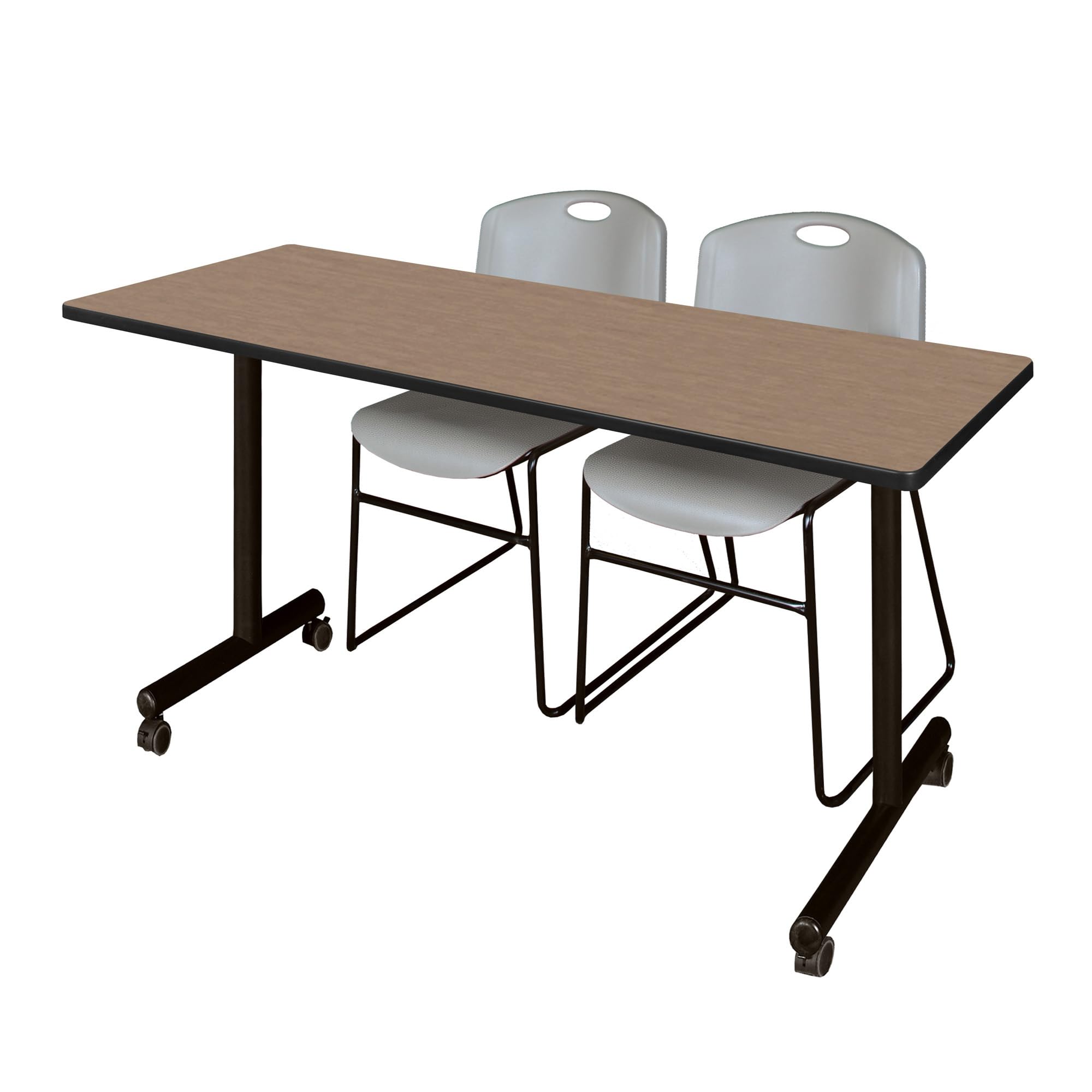Regency Kobe 66 x 24 in. Mobile T-Base Training Table- Noble Oak, 2 Zeng Stack Chairs- Grey