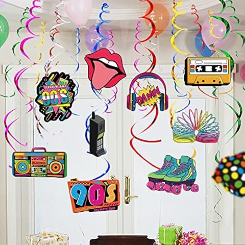 90s Party Foil Swirl Decorations, 32 Pcs Disco Rock Hippie Hanging Swirls Ceiling Decor for 1990s Theme Retro Party Supplies Cover