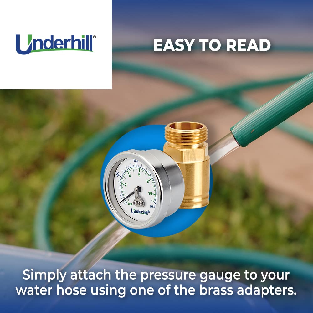 Underhill Water Pressure Gauge for Garden, RV Hose End, Irrigation System, Dynamic Versus Static Pressure, A-HPG-075, Brass
