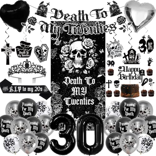 Death to My 20s Decorations 30th Birthday Decorations for Her Include Banner Backdrop Crown Sash Hanging Swirls Balloons for RIP to My 20s Birthday Decorations Dirty 30 Birthday Decorations