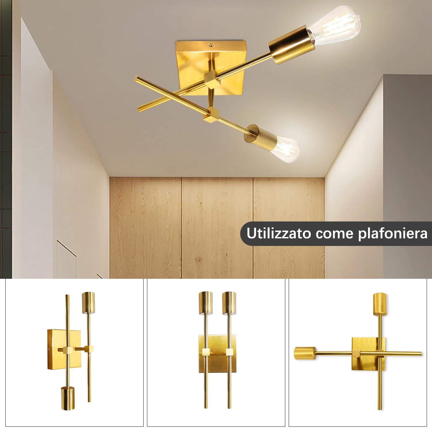 2 Pezzi Applique da Parete Interno Vintage con Doppio Braccio, Oro Quadrato Applique Industrial, Lampada da Parete Orientabile Metallo, Appliques 2 Luci E27, Faretto da Muro, Luce Specchio Bagno