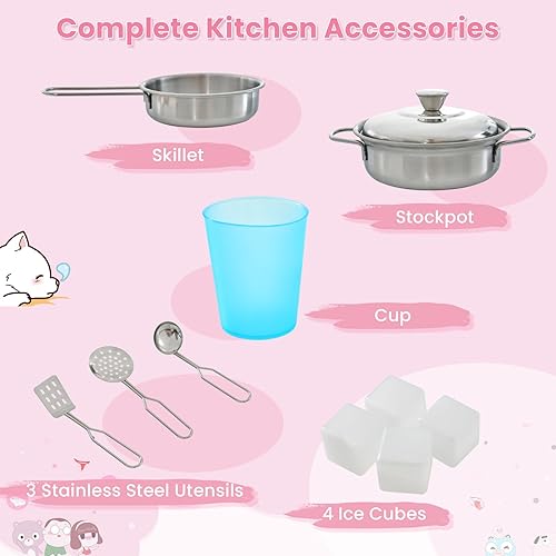 Miniatura 8 de OLAKIDS Juego de cocina para niños, juego de cocina de madera para niños pequeños con sonidos, pizarra, nevera, máquina de hielo, microondas, horno