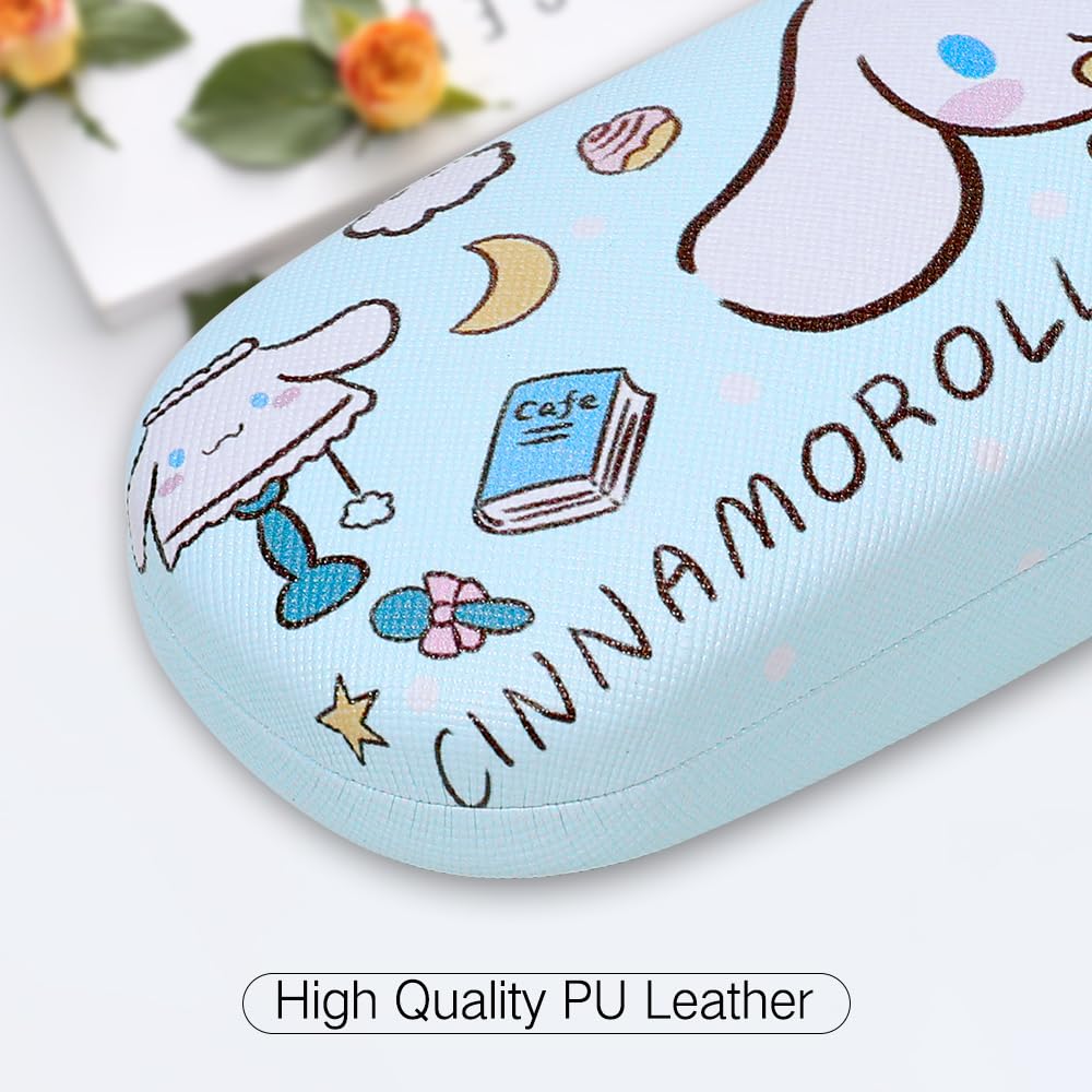 PERFECTSIGHT Hard Shell Eyeglasses Case, PU Leather Protective Glasses Case, Cute Cartoon Surface Eyeglass Case for Women Girls (Blue Dog)