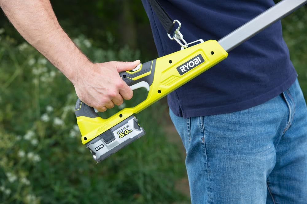 RYOBI - Coupe-Branches Télescopique 18V One + Lames Bypass 32 mm - Tête Articulée - Longueur 190 à 270 cm - avec Harnais Bretelle 1 batterie 2Ah compacte et 1 chargeur rapide