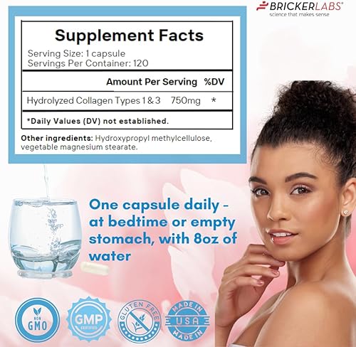 Miniatura 7 de Bricker Labs Colágeno para hombres y mujeres - Suplemento de colágeno hidrolizado tipo I, III, 750 mg, 1 cápsula de colágeno diaria - 120 porciones