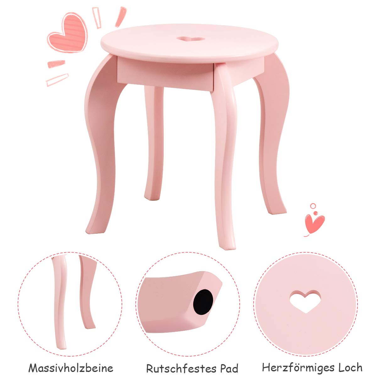 COSTWAY Kinder Schminktisch mit Hocker und Abnehmbarer Spiegel, Mädchen Frisiertisch Holz, Kindertisch mit Schublade, Spiegeltisch 70x34x105cm (Pink)