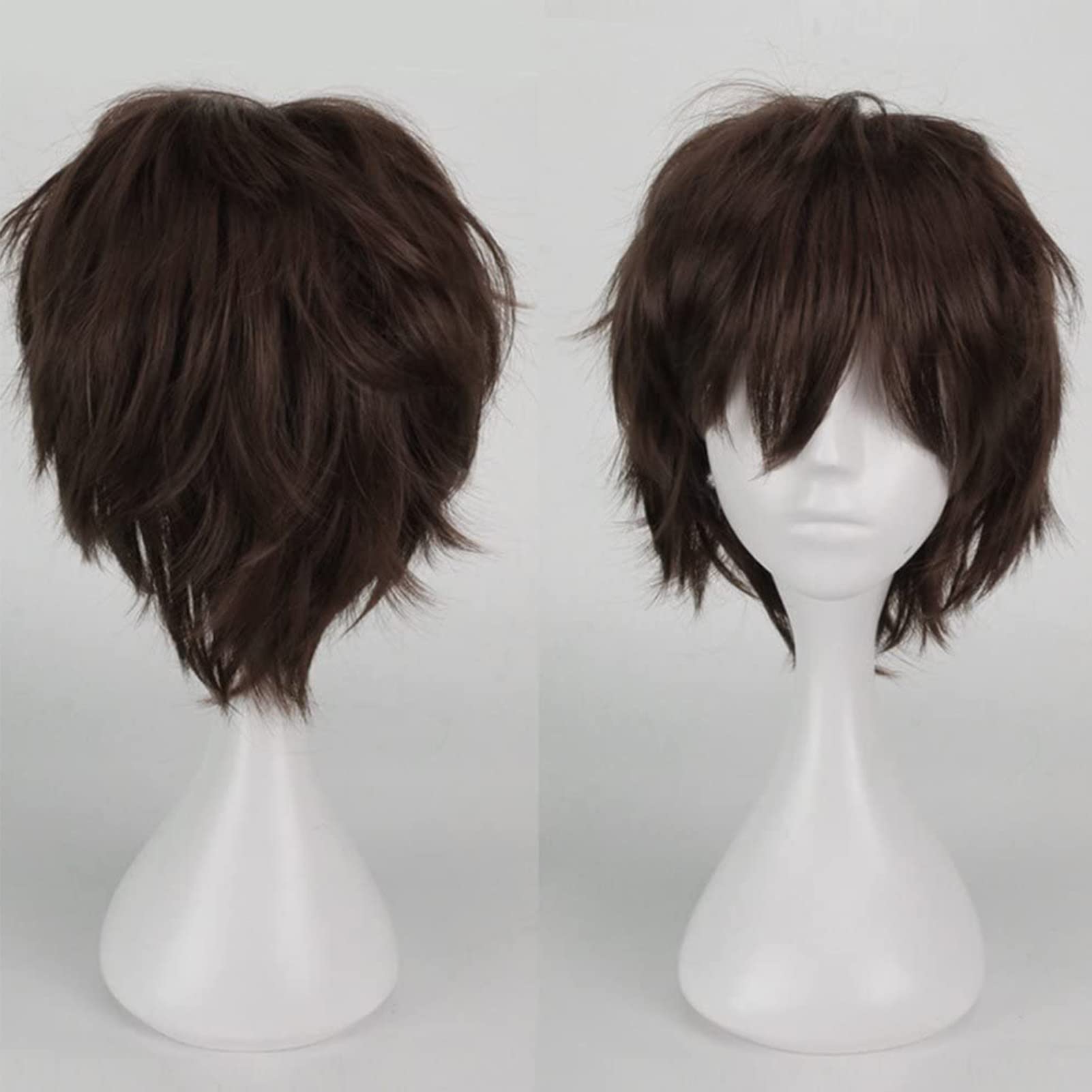 Anime Cosplay Wig - Short Brown Synthetic Curly Straight Layered Fluffy Halloween Costume Party Wig with Free Cap, Dark Brown