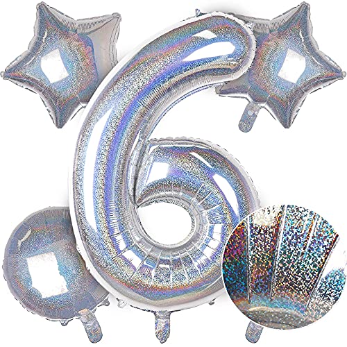 PartyWoo Number Balloons, 5 pcs Silver Foil Balloons, Large Number Balloon, Happy Birthday Balloon, Helium Balloons for Parties, Happy Birthday Balloons for Birthday Decorations (Silver, Number 6)
