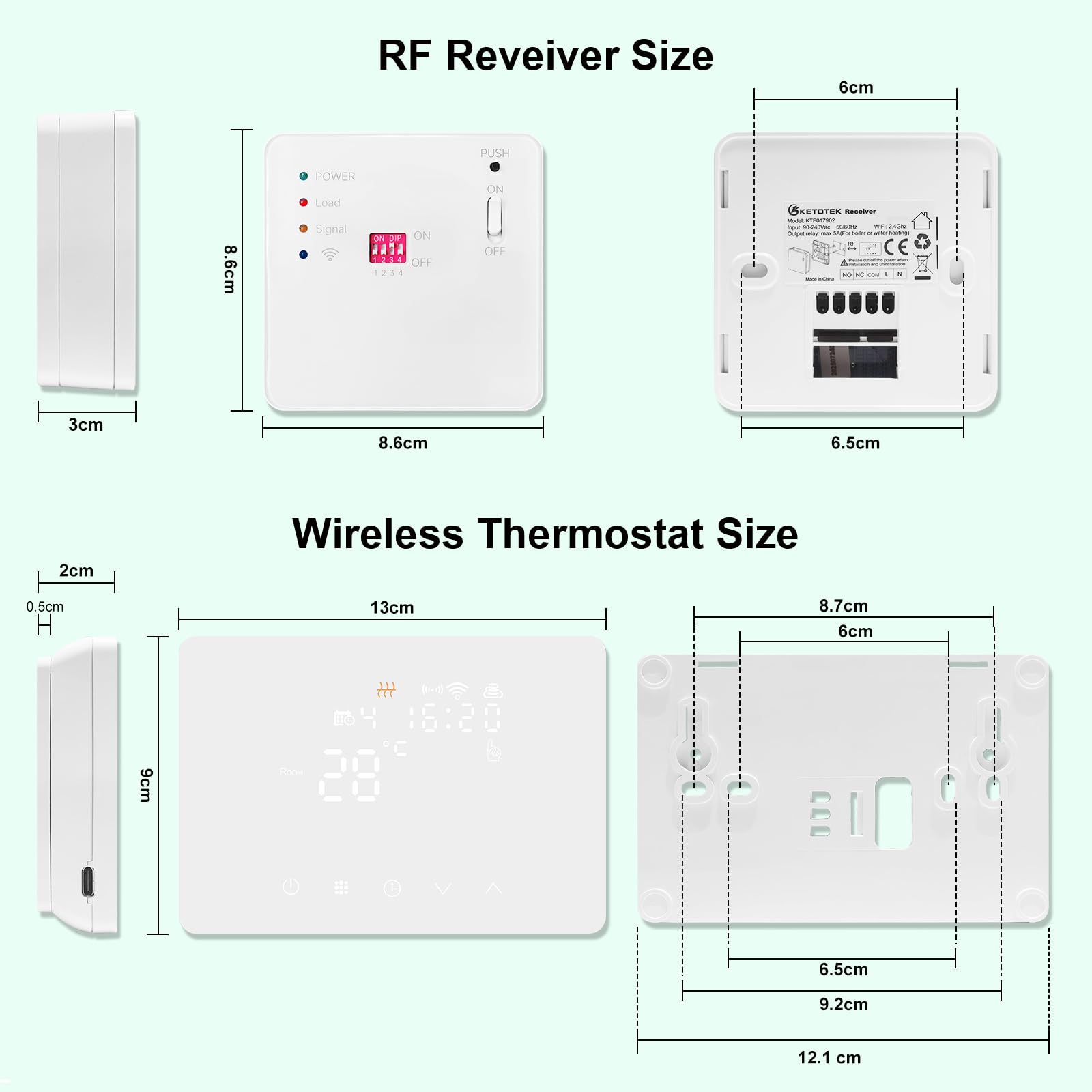 KETOTEK Inteligentny termostat bezprzewodowy z odbiornikiem RF do kotła 5 A 220 V | Cyfrowy zestaw termostatu pokojowego WiFi do kotła, kompatybilny z Alexa, programowalny, sterowanie aplikacją Tuya/Smart Life