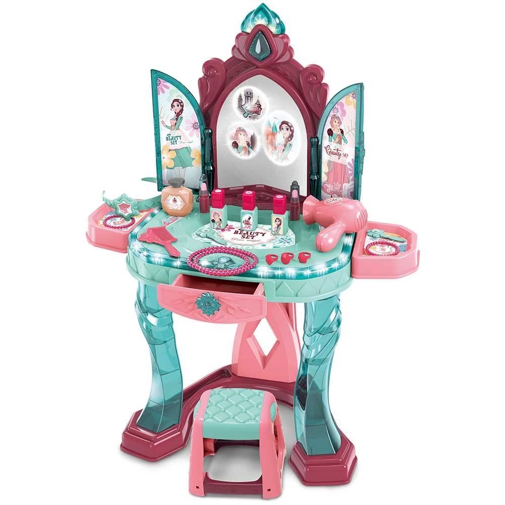 BAKAJI Specchiera Toeletta per Bambine con Sensore di Apertura Porte Set Bellezza Make Up Mobile con Sgabello e Accessori Realistici Gioco con Luci e Suoni con Cassetto Contenitore Sicuro Robusto