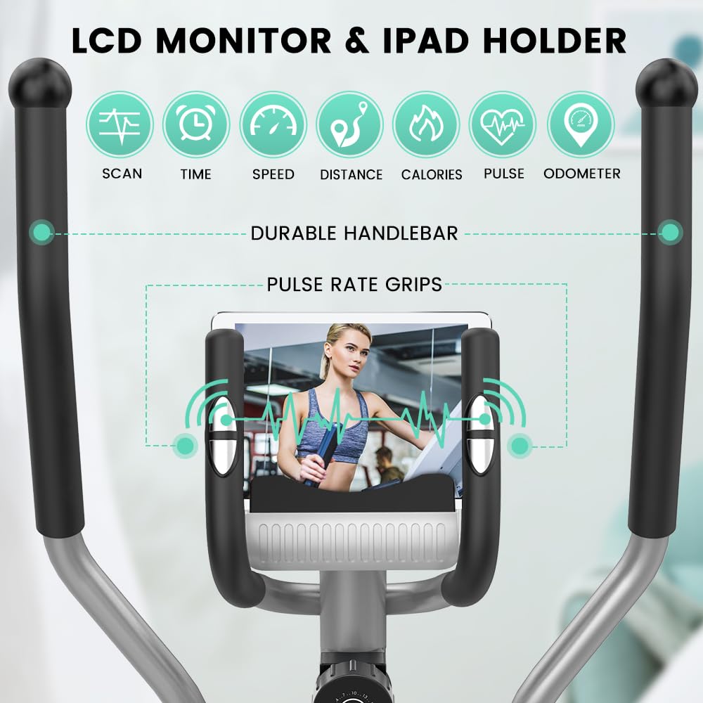 Dripex Crosstrainer für zuhause, Magnetisch Ellipsentrainer, Ultraleiser Crosstrainer mit 16-stufiger Widerstand, 6KG Schwungrad, Pulssensor, LCD Monitor, Gerätehalterung, Transporträder (Grün)
