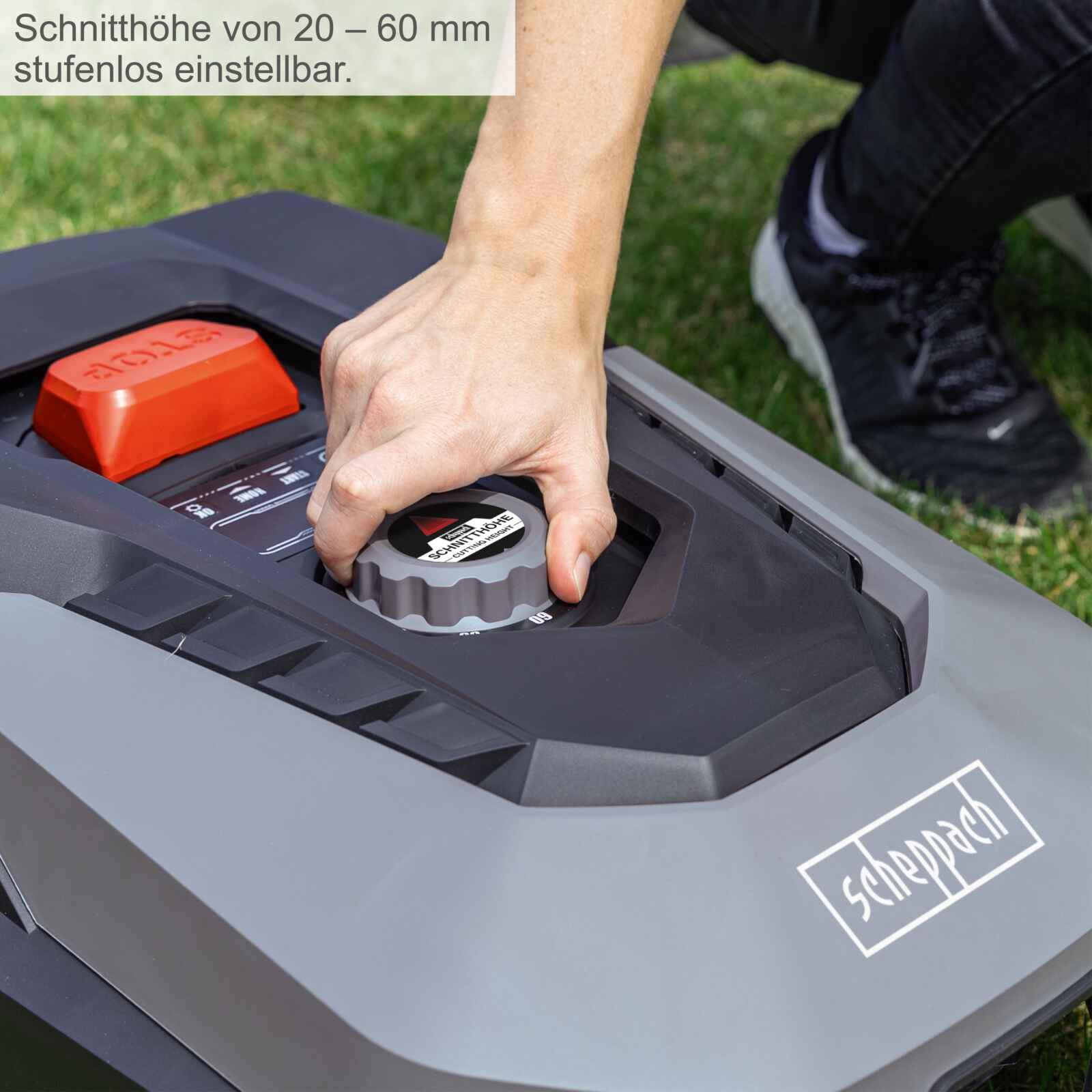Scheppach Mähroboter RLM500W bis zu 500 qm² | 18cm Schnittbreite | 20-60 mm Schnitthöhe | Regensensor | WiFi & BT | App gesteuert | 35% Steigung | mit Station, 9 Messer, 100m Kabel & 130 Haken