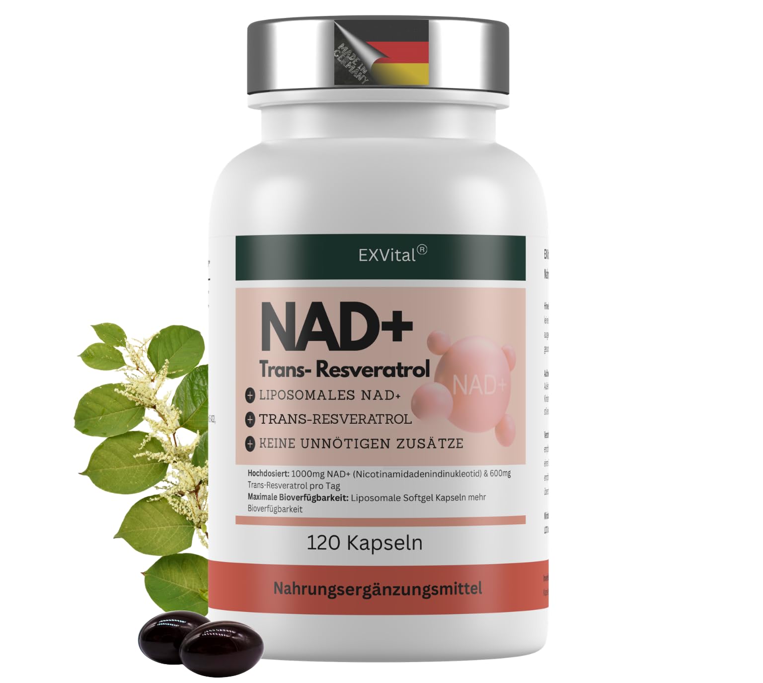 EXVital® NAD+, 1000mg NAD+ & 600mg Trans-Resveratrol pro Tag- 120 vegane Softgels - liposomal & maximale Bioverfügbarkeit, hochdosiert & laborgeprüft