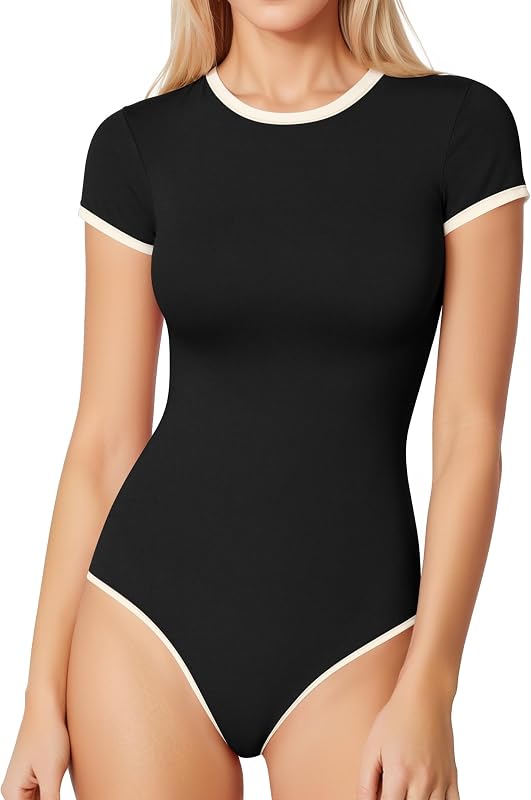 MANGOPOP Women's Round Neck Short Sleeve Bodysuit T Shirts Basic Tops | Soft Stretchy Crewneck Body Suit, Summer Outfits & Spring Autumn Layering, Going Out Top, Casual Work Everyday Bodysuits