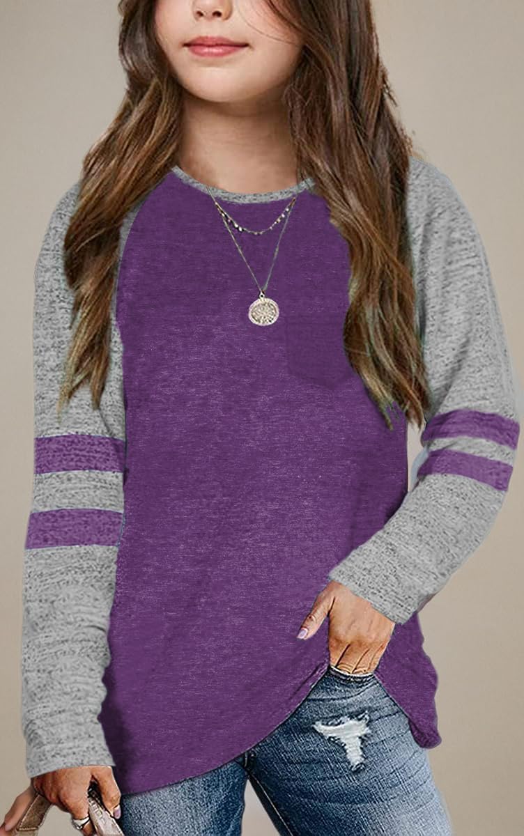 Girls Shirts for 6-13 Years Long Sleeve Raglan Crewneck Tops with Pocket - Image 4