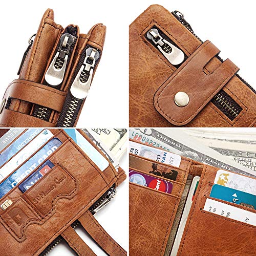 Image of boshiho Genuine Leather Bifold Chain Wallet for Men RFID Blocking | Heavy Duty Steel Anti-Theft Chain & 2 Zipper Coin Purse. Perfect for Bikers, Daily Commute, Gift for Dad /Husband