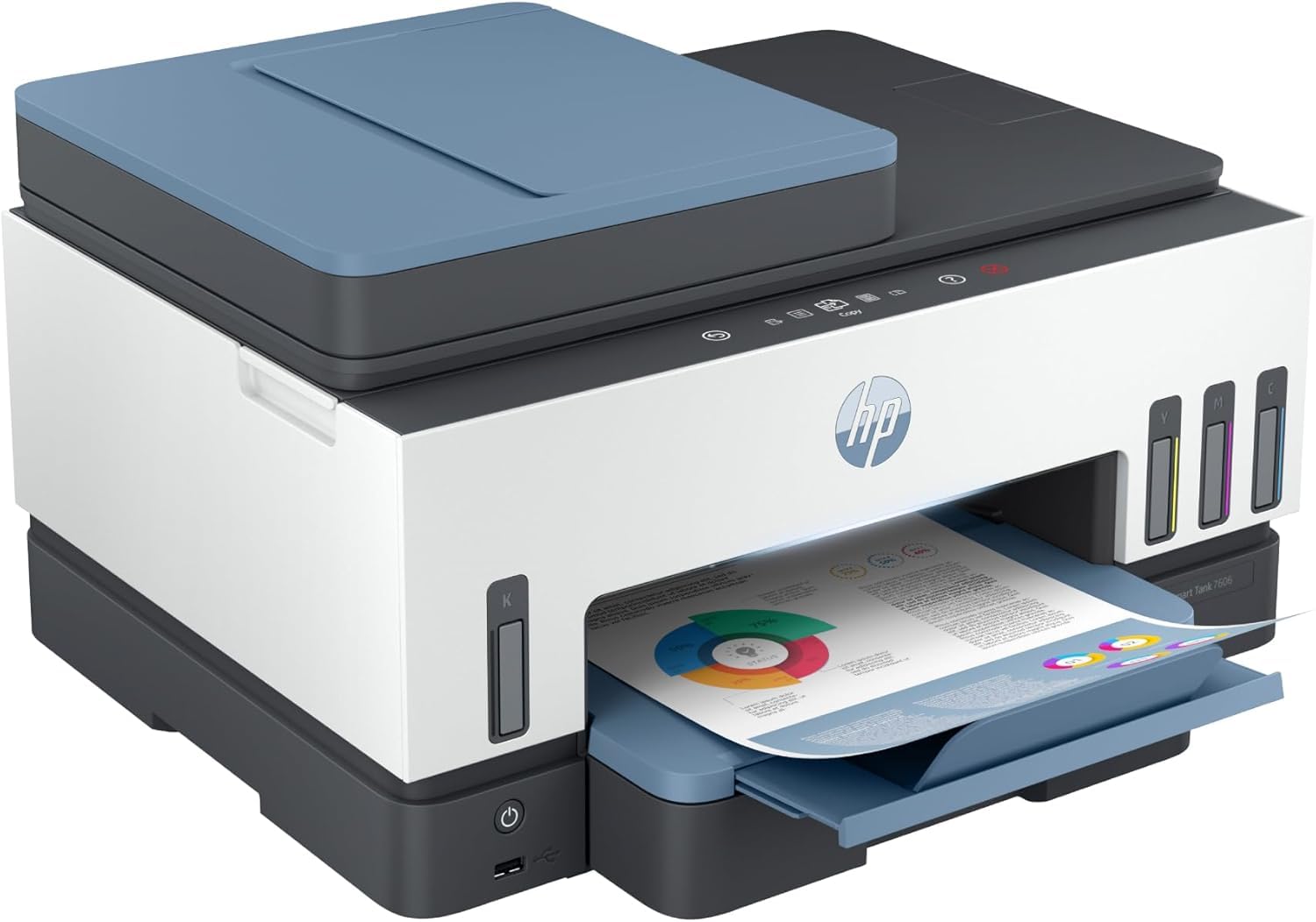 HP Smart Tank 7606 28C03A - Impresora A4 Multifunción con Deposito de Tinta Recargable, Impresión a Color, Escaner, Copiadora, Fax, Wi-Fi, Smart App, Blanco y Azul