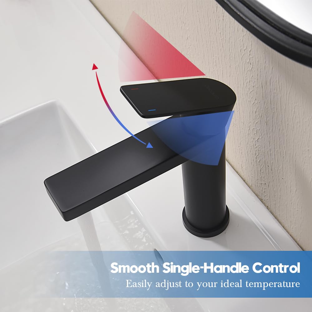 Decaura Grifo de baño con desagüe G1' 1/4 pop-up, pequeño grifo de lavabo con caño de altura 130 mm, grifo mezclador de acero inoxidable con desagüe (negro)