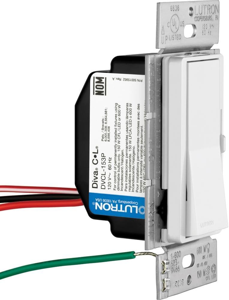 Angled view of the Lutron Diva DVCL-153PR-WH Dimmer Switch with wiring