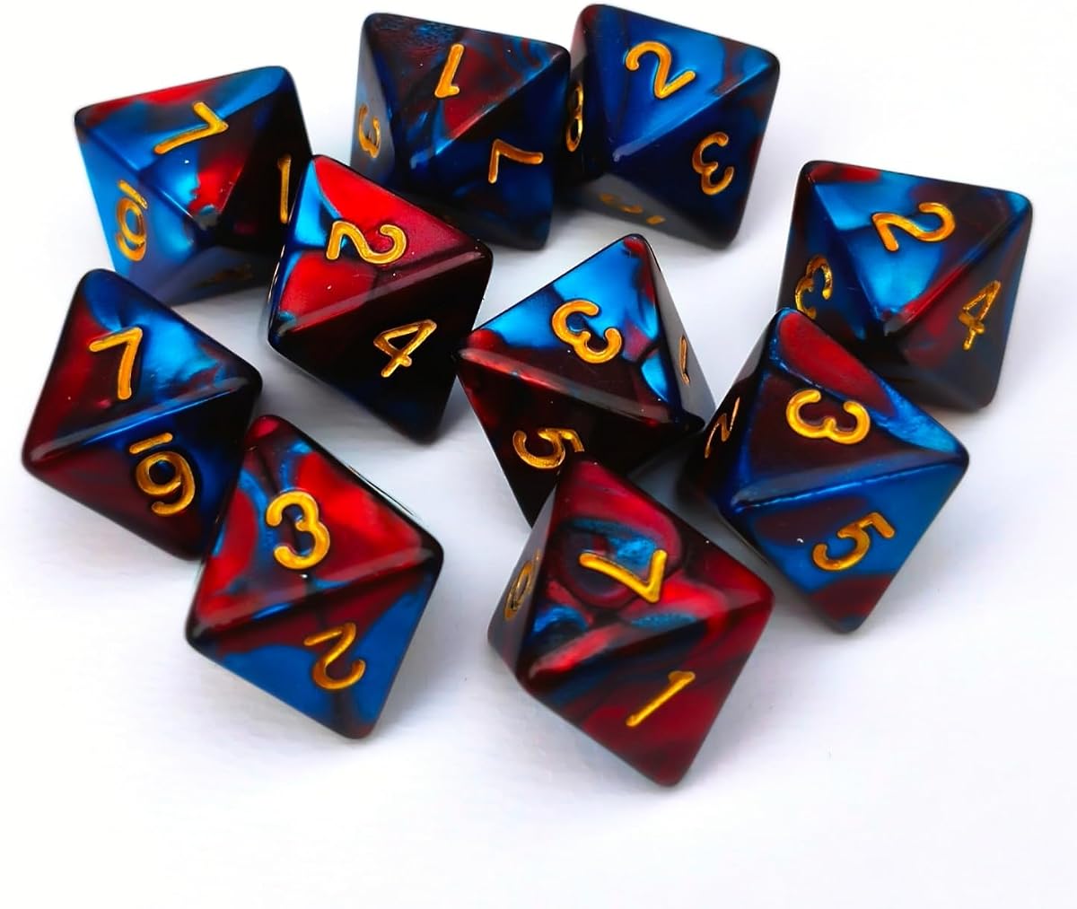 Juego de dados de 10 piezas D8 de 8 caras, dados de juego de números poliédricos para juegos de mesa DND RPG MTG, accesorios de mesa para fiestas (rojo + azul)