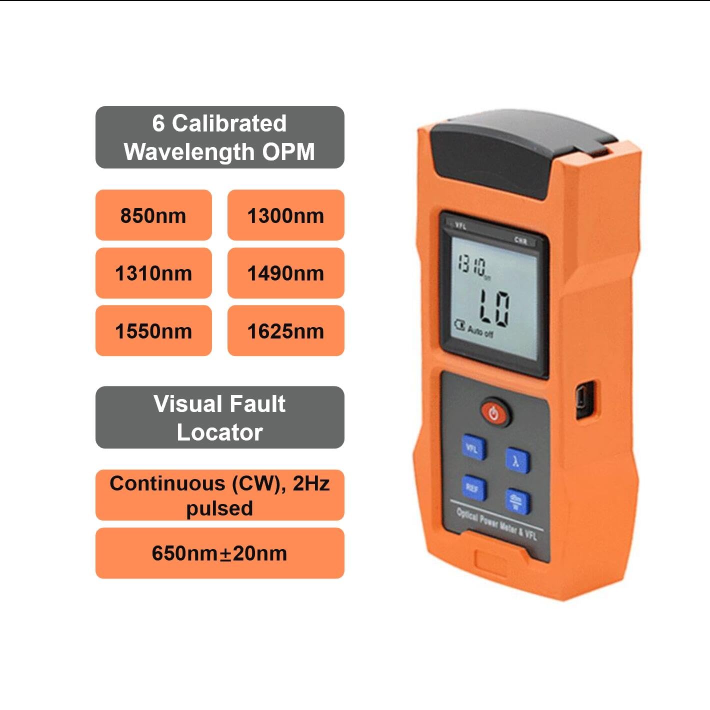2 en 1 Medidor de Fibra Óptica Alimentado por Batería Recargable Medidor de Potencia Óptica -70~+10dBm con Localizador Visual de Fallas