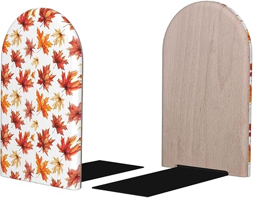 Book Ends for Shelves 1 Pair - Vintage Maple Leaf Print Wood with Metal Base Bookends for Heavy Books, Book Stand Organizer Holder for Books Movies