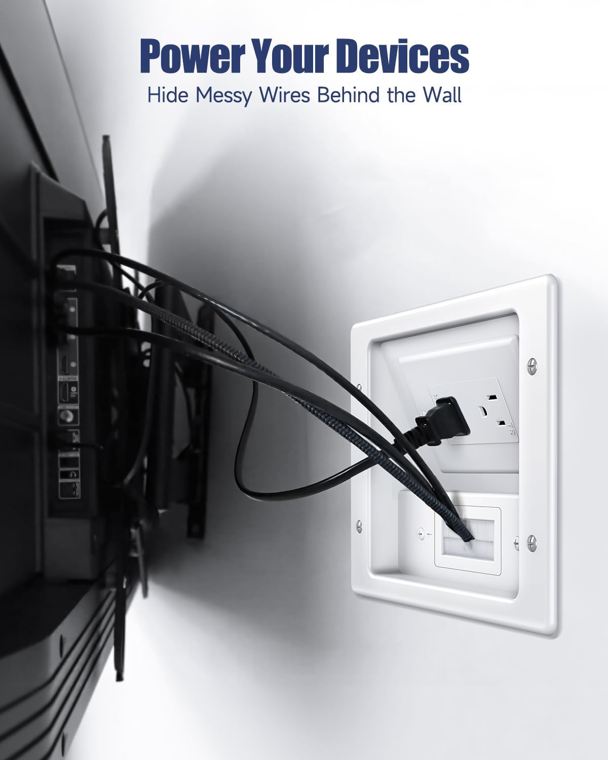 Wall Cable Concealer Kit, in Wall Cable Management Kit for TV, Recessed Outlet with Cable Management Box, in Wall Power Kit Hides TV Cords and Cables, Fits All Plugs, White