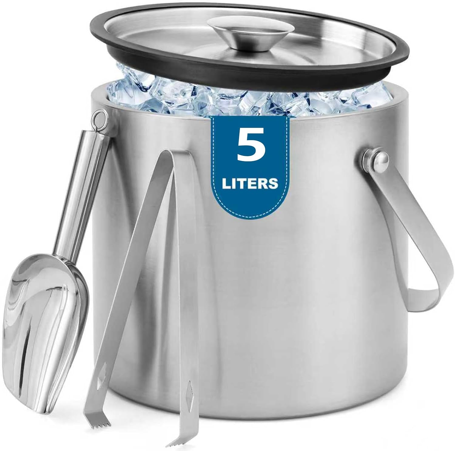 5L Insulated Ice Bucket for Party,Portable Large Capacity Ice Buckets,Double-Wall Stainless stell Ice Container Keep Ice Cool,Champagne,Wine,Cocktail Beverage Bucket with Lid,Scoop & Tong