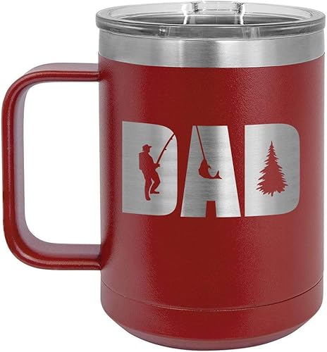 Taza de café con tapa abatible de 15 onzas, diseño de Papá Knockout FISHING con aislamiento para el café | Ideas de regalo de cumpleaños o Navidad