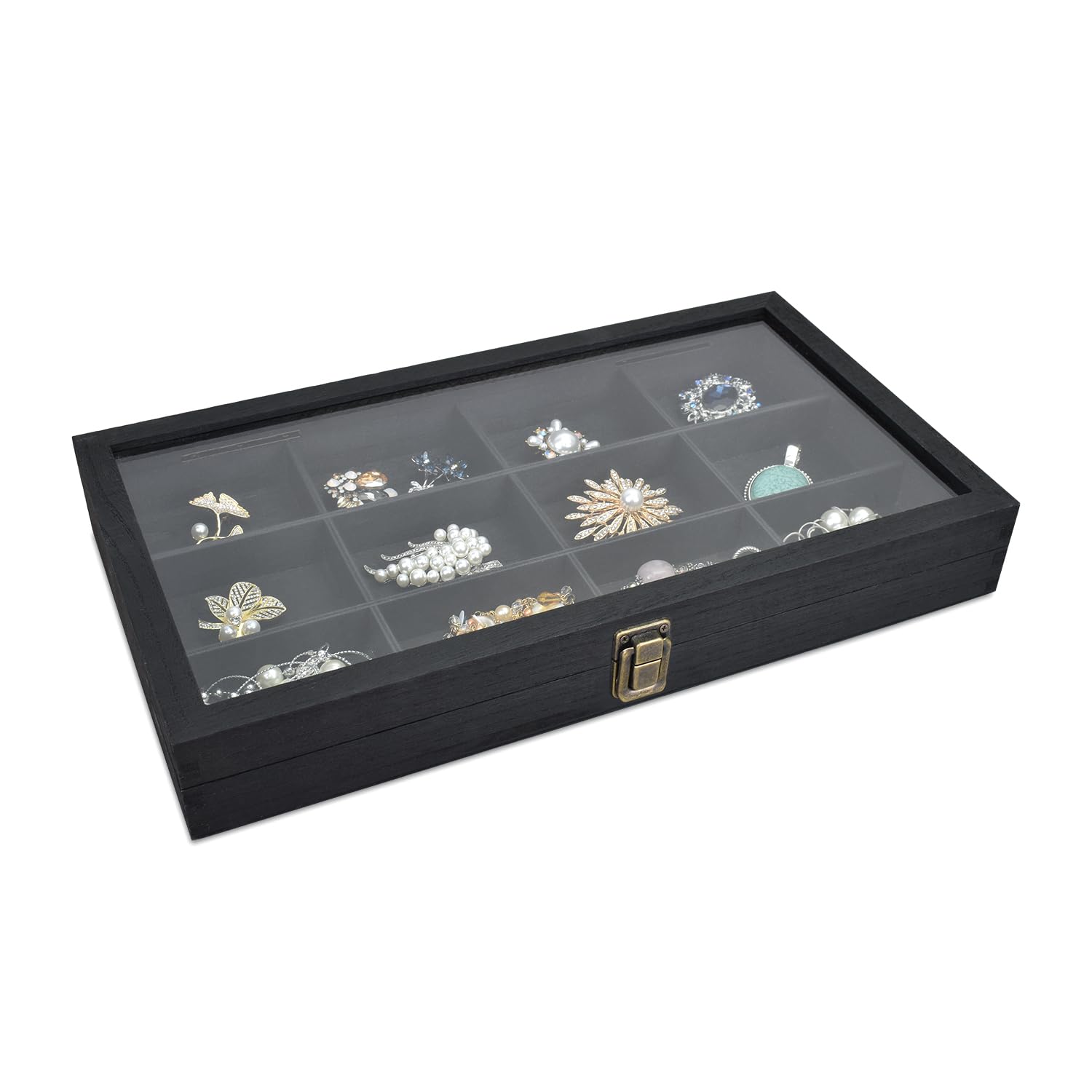 Ikee Design Elegant Wooden Jewelry Storage Tray Box with Glass Lid-12 Compartments-Ideal for Rings,Bracelets,Gems Stone and Small Accessories- Rustic Metal Clasp- Black Color