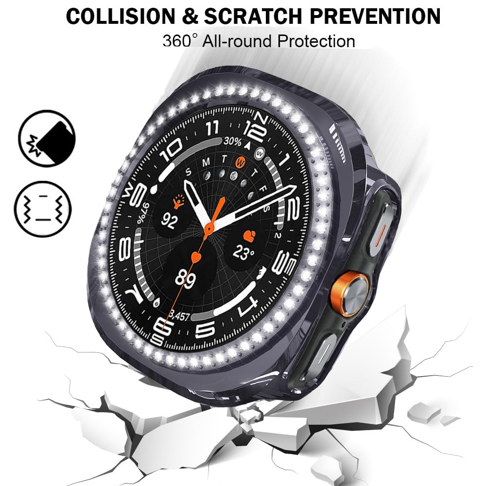 DEALELE [2-PACK] Cases Compatible with Samsung Galaxy Watch Ultra 47mm (2025/2024), Bling Rhinestone Diamond PC Protective Case Replacement Watch Cover for Women Men, 47mm, Gun grey + Transparent — view 3