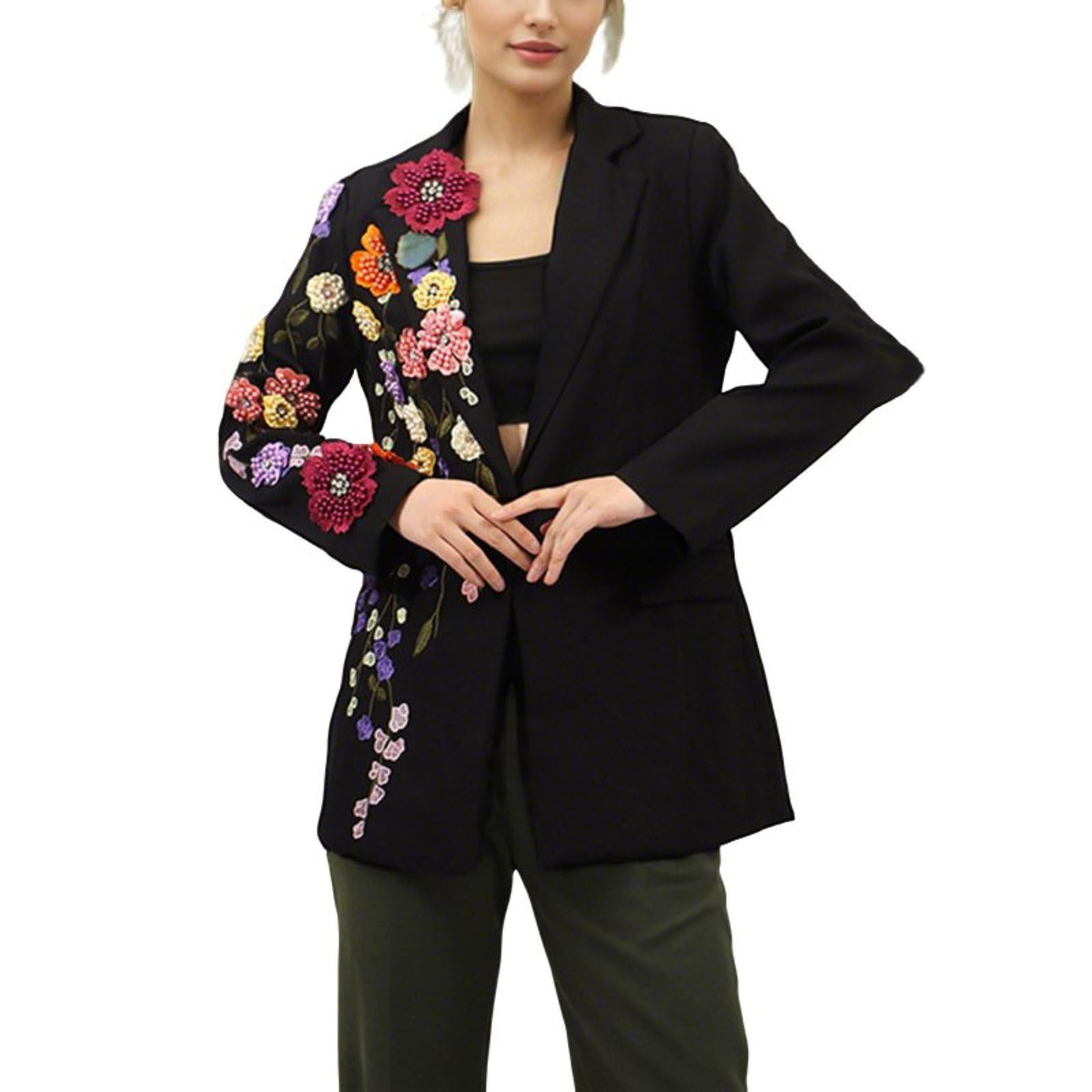 3D Flower Embroidered Blazer for Women Elegant Lapel Beaded Luxury Blazer Jackets One Button Casual Suit Jacket