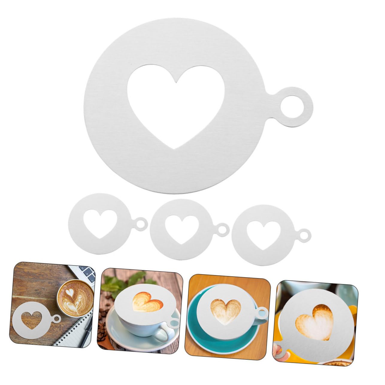 HSIXHAF Lot 4 Pochoirs Café Cappuccino Latte Art - Acier Inoxydable - Étoiles, Cœurs, Smiley, Roses - Décoration Boissons Et Gâteaux