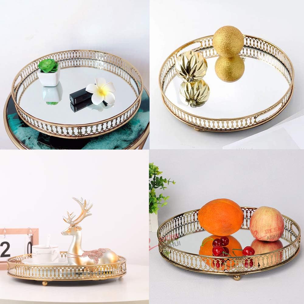 Nuptio Gold Mirror Perfume Tray: Decorative Table Trays Glass Vanity Organiser Metal Round Mirrored Vintage Makeup Tray for Jewellery Serving Bedroom Bathroom Dressing Table Room Decor - Image 4