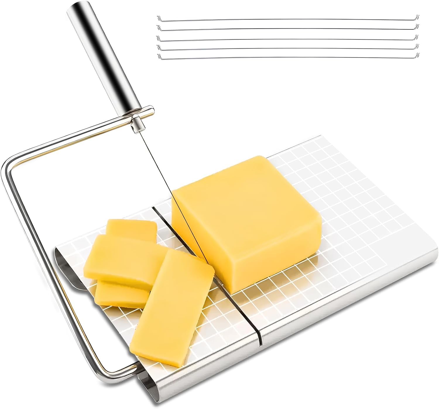 Wire Cheese Slicer,With 5 High Strength Steel Wire Cheese Cutters,Stainless Steel Block Cheese Cutter Board for Block Cheese with Measuring Grids,Dishwasher Safe,Food grade Stainless Steel Material