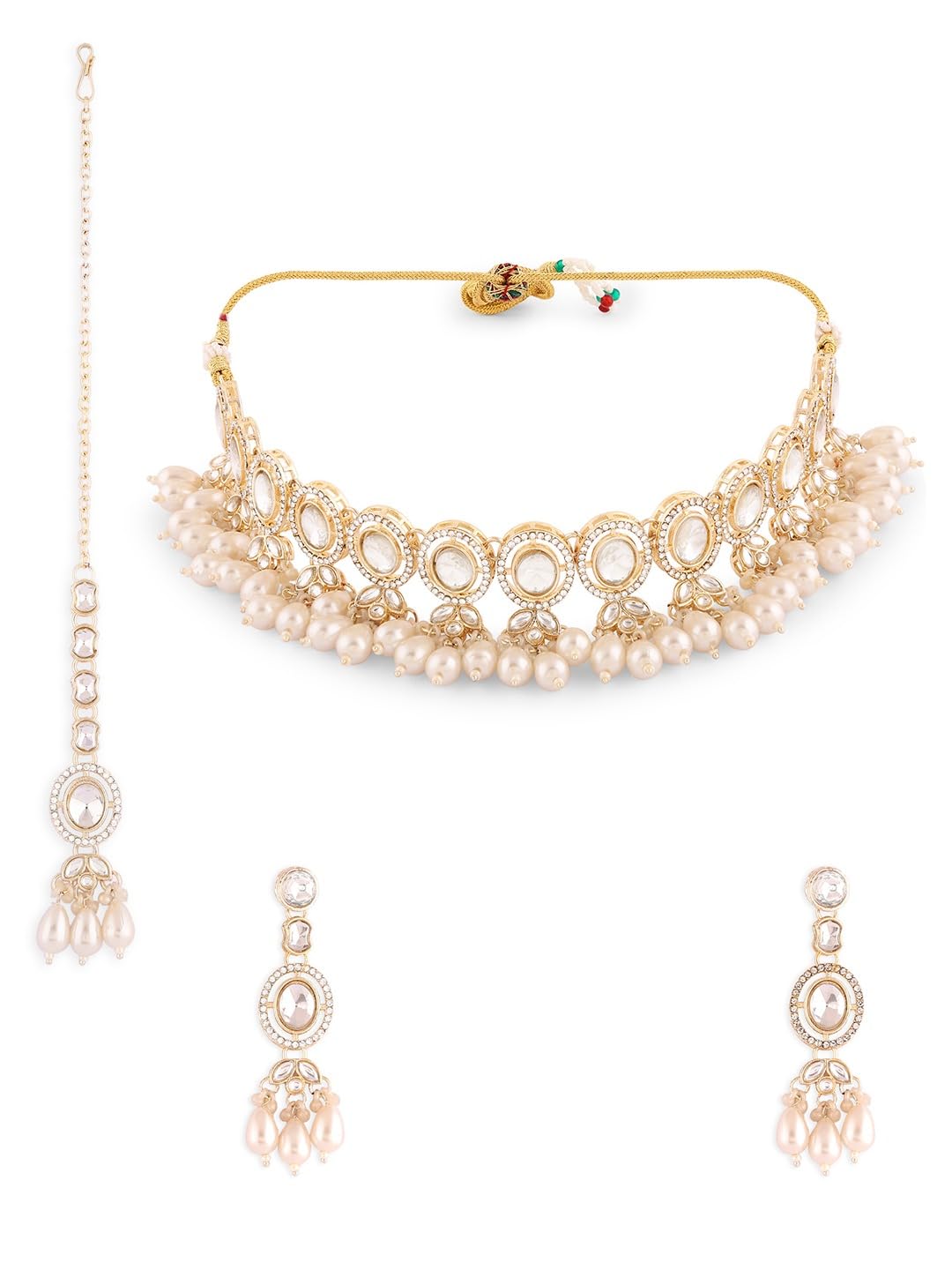 ZAVERI PEARLS Gold Tone Austrian Diamonds Artificial Stones & Beads Bridal Choker Necklace Earring & Maangtikka Set For Women-ZPFK18559