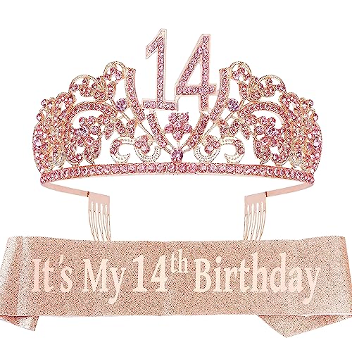 14th birthday sash and tiara for girls - fabulous set: glitter sash + flowers rhinestone pink premium metal tiara, 14th birthday gifts for teenegers party