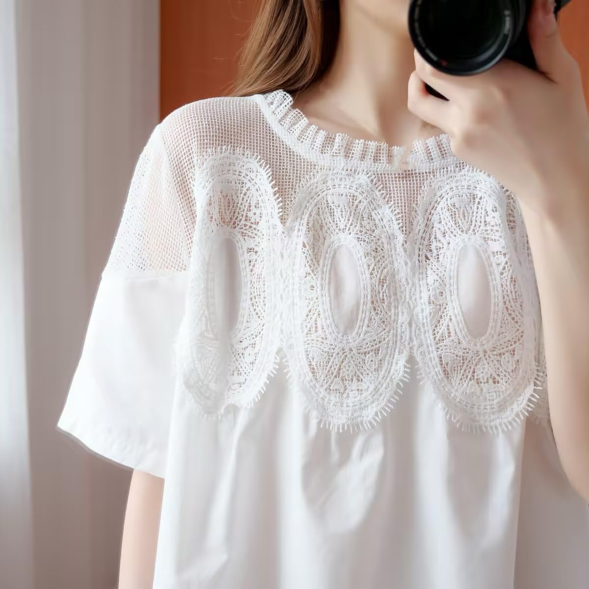 VAOYIU Women Crochet Lace Mini Dress Round Neck Short Sleeve Sheer Mesh Clothing Casual Outfits with Lace Back Design - Image 4